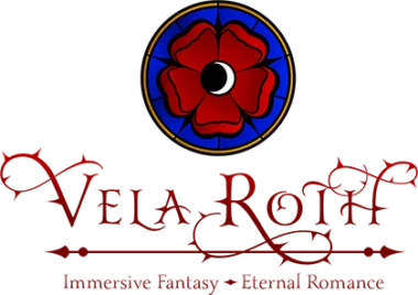 Stained Glass Hespera's Rose Logo with text "Vela Roth, Immersive Fantasy - Eternal Romance"