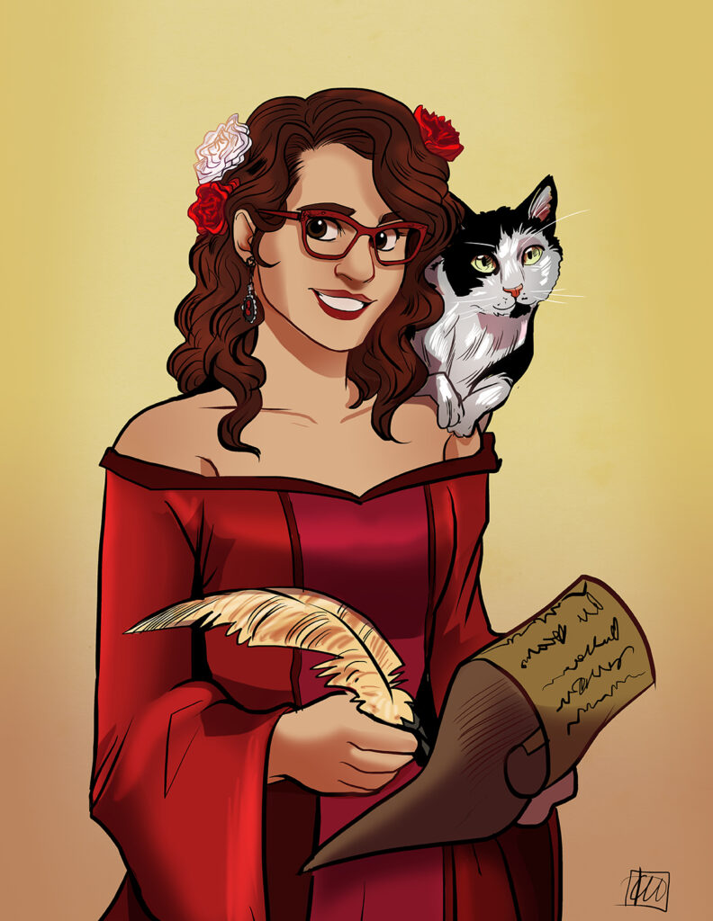 Illustration of Vela in a fantasy robe, holding a scroll and quill, with a cat on her shoulder.