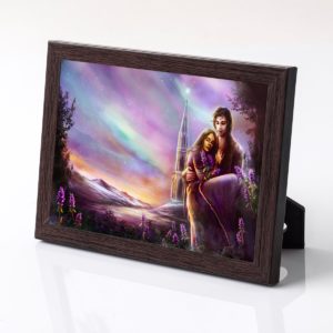 Blood Solace print in a dark wooden frame. Artwork shows Lio holding Cassia, surrounded by purple betony flowers with aurorae overhead.