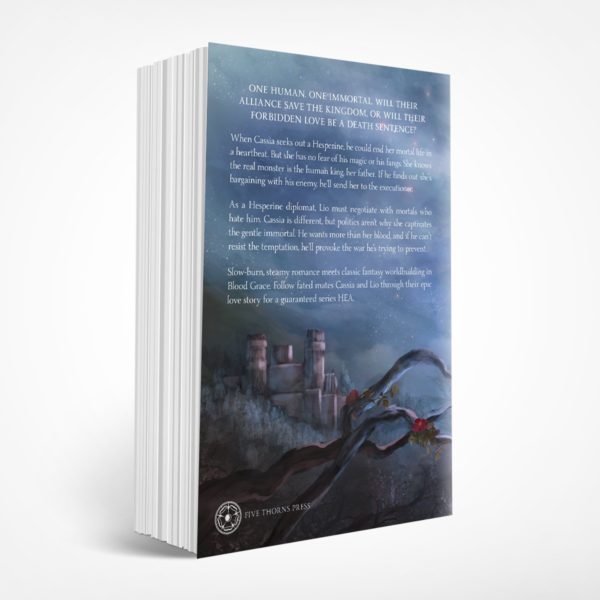 Paperback of Blood Mercy, back view with a castle and branches. See product information for story description.