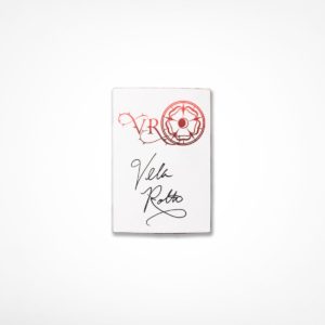 White rectangular bookplate printed with VR and the Hespera's Rose logo, signed by Vela Roth