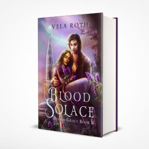 Hardcover of Blood Solace, front view, showing Lio carrying Cassia under aurorae, surrounded by purple betony flowers