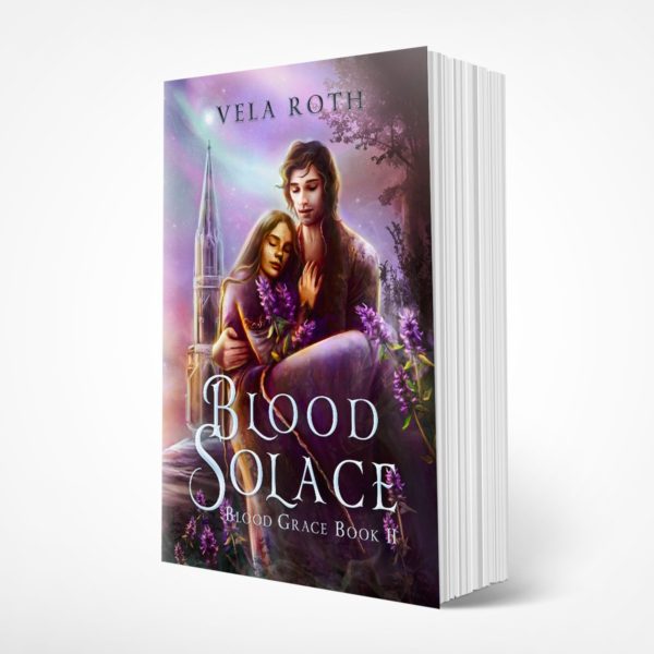 Paperback of Blood Solace, front view, showing Lio carrying Cassia under aurorae, surrounded by purple betony flowers