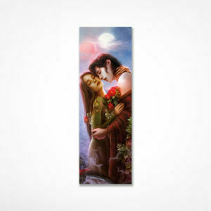 Bookmark with detail of the Blood Mercy artwork showing Lio and Cassia embracing under the moons