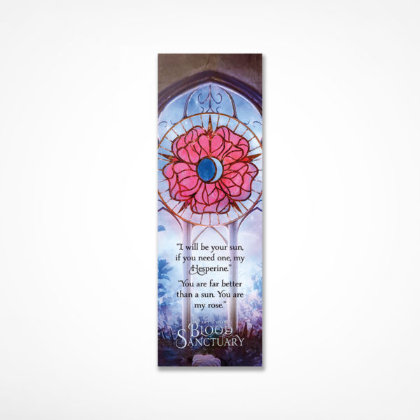Bookmark with detail from Blood Sanctuary Part One artwork showing a stained glass window of Hespera's Rose. Please see product description for quote from book.