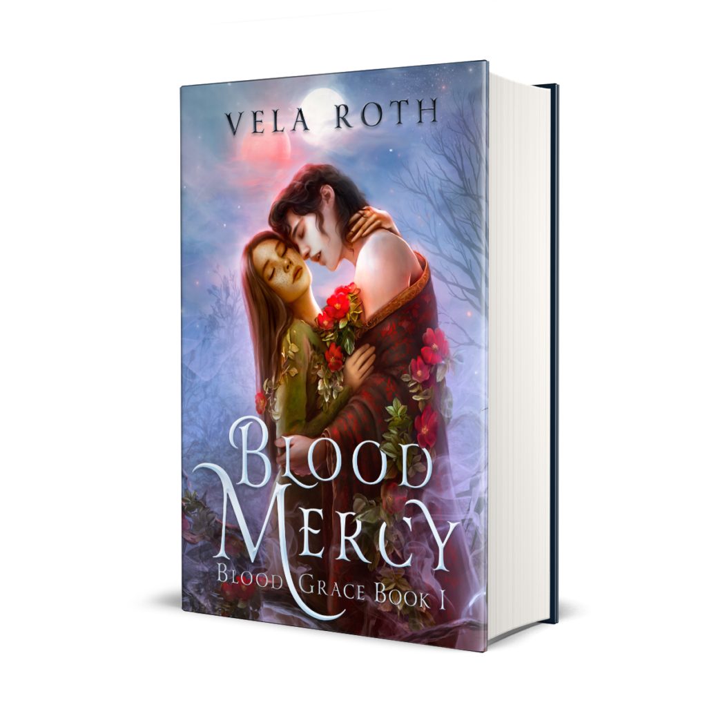 Hardcover of Blood Mercy, front view showing Lio and Cassia embracing under the moons entwined with red roses