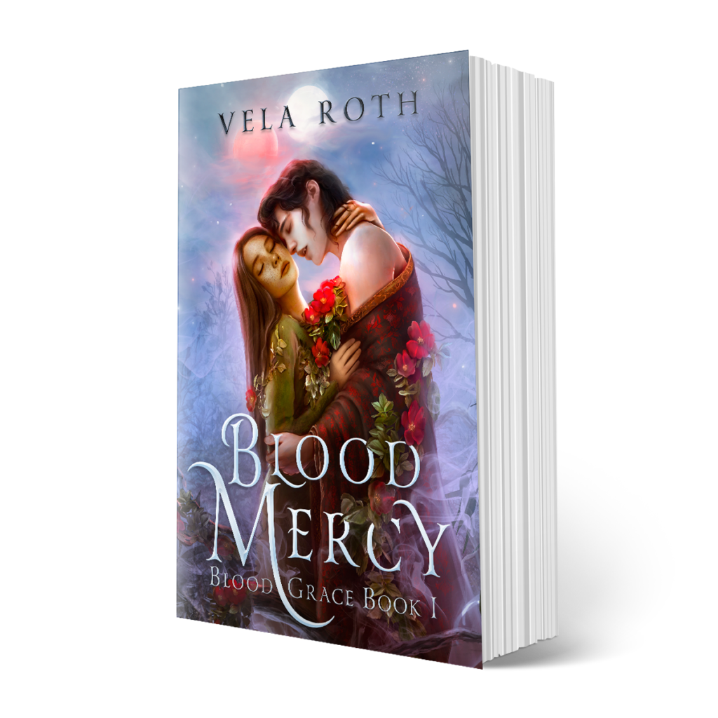 Paperback of Blood Mercy, front view, showing Lio and Cassia embracing under the moons entwined with red roses