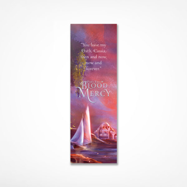 Bookmark with detail from Blood Union Part Two artwork. A dhow-style ship sailing toward a domed city under red auroras, with flying cassia flowers. Please see product description for quote from book.