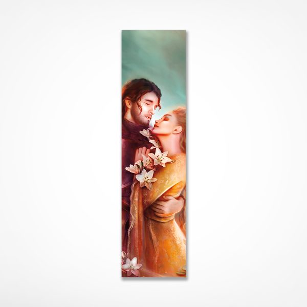 Bookmark with detail of the Blood Price artwork showing Alkaios and Nephalea embracing