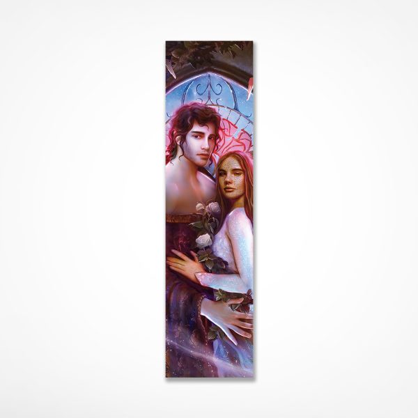 Bookmark with detail from Blood Sanctuary Part Two artwork showing Lio and Cassia standing in front of a broken stained glass window.