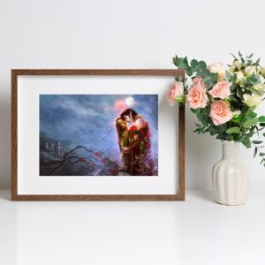 Artwork of Blood Mercy in a frame on a table beside a vase of flowers.
