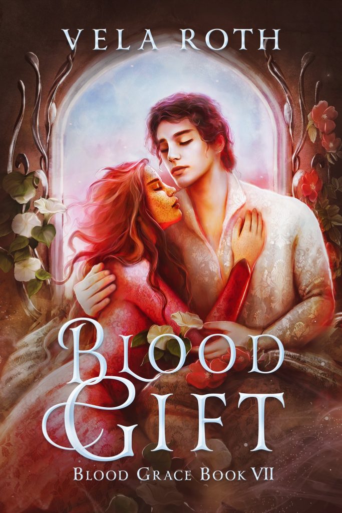 Cover of Blood Gift (Blood Grace Book 7). Artwork shows Cassia about to kiss Lio's neck. In the background, moonflowers and roses climb up iron posts around an open window frame.